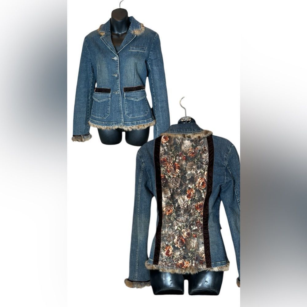 LM Lulu Patricia forgeal vintage 90s/y2k denim jacket fur trim lace mesh floral